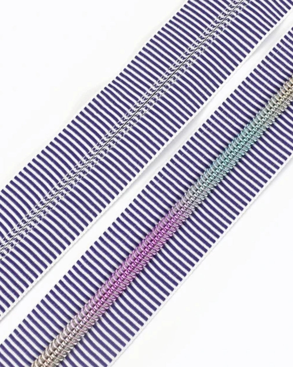 Purple and White Striped Zipper Tape with Rainbow Nylon Coil (#5)- 3 Yard