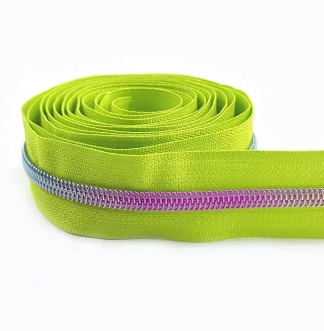 Neon Green Zipper Tape With fading rainbow Style #5 Coil - 3 Yard