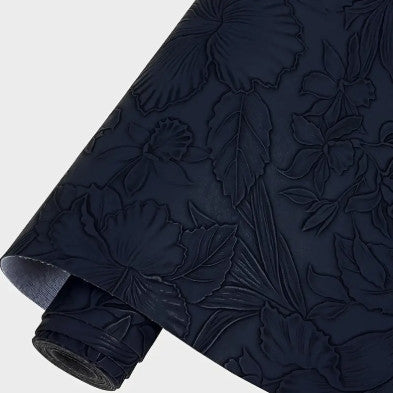 Embossed Tropical Flower Faux Leather 12"x53" (Navy Blue)