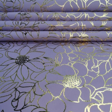 Golden Foil Floral PU Faux Leather Roll 12"x53" (Purple)